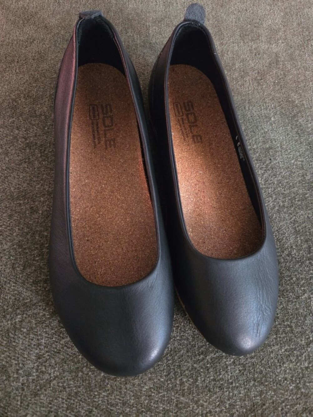 SOLE District ReCork W’s Grace Ballet Flats Shoes Midnight Leather Sz 7W EU 37.5